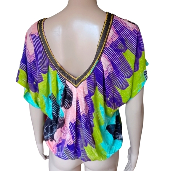 ANTHROPOLOGIE Womens Stretchy V Neck Top Multicolor Short Sleeves Small Petite - Picture 7 of 8
